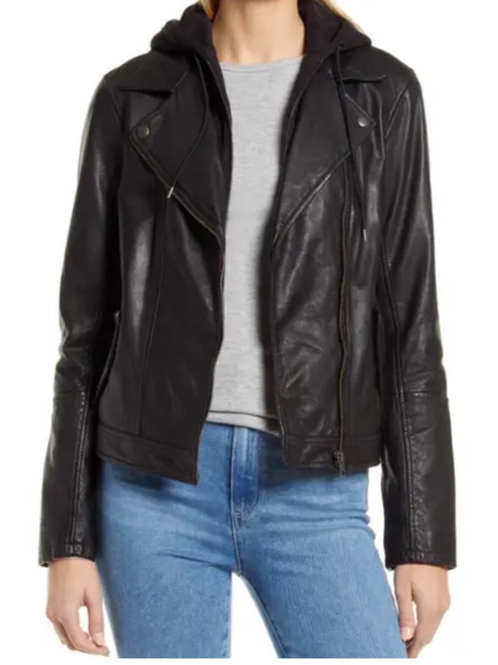 Caslon Black Leather Moto Jacket with Removable Hood